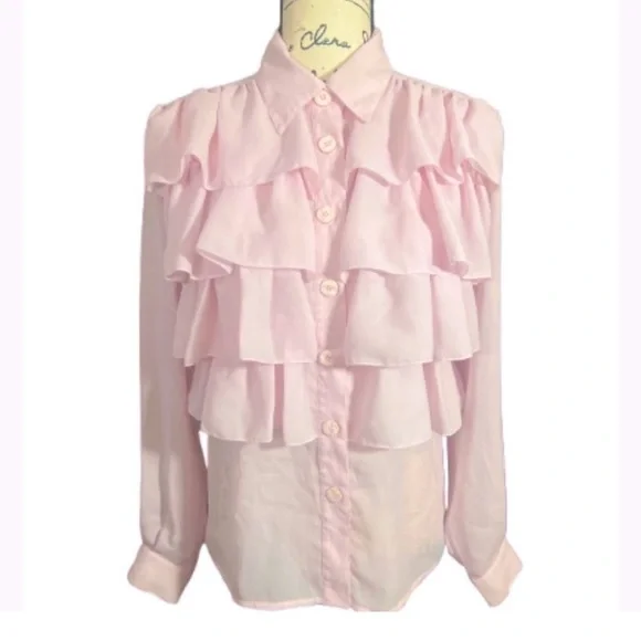 Claudia Richard Pink Romantic Ruffle Vintage Blouse - Picture 1 of 7